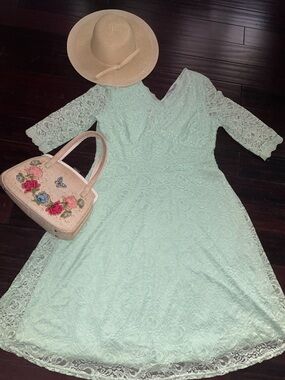 Mint Green Lace Midi Dress, V Neck, Cottagecore Feminine Vintage Inspired, 2X